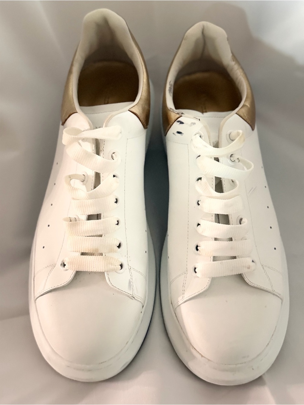 Alexander McQueen White Leather Sneakers with Gold Heel